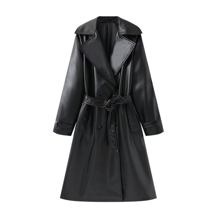 Dam Lång Shiny Trenchcoat Övergångsjacka i Läder Look med Midjebälte