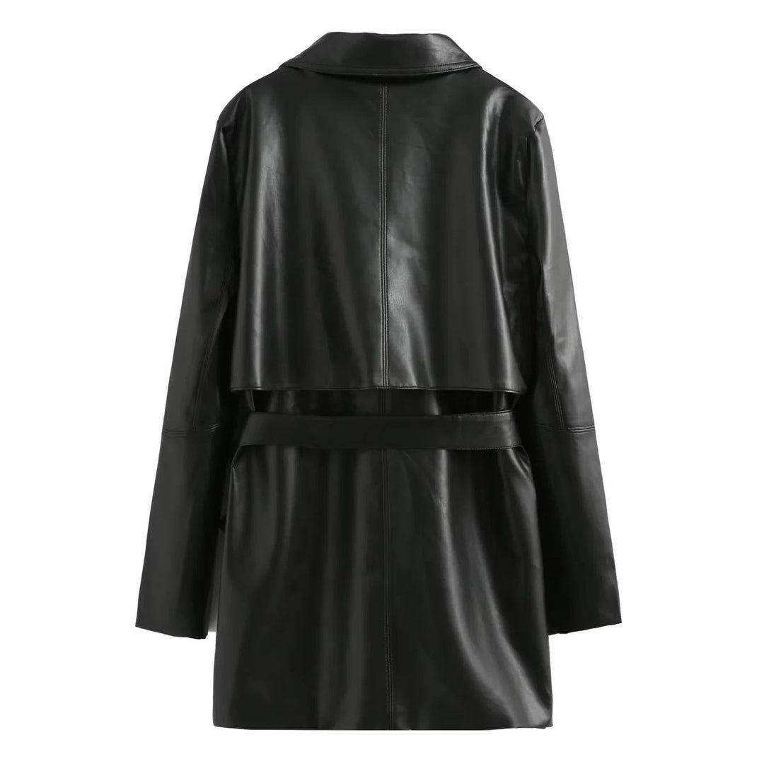 Dam vegan läder trenchcoat med sjalkrage, tie bälte och double-breasted
