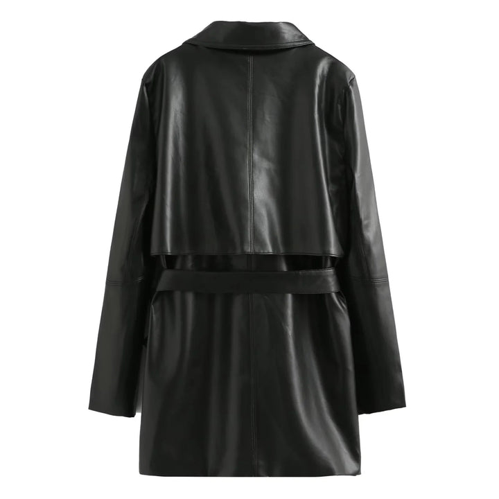 Dam vegan läder trenchcoat med sjalkrage, tie bälte och double-breasted