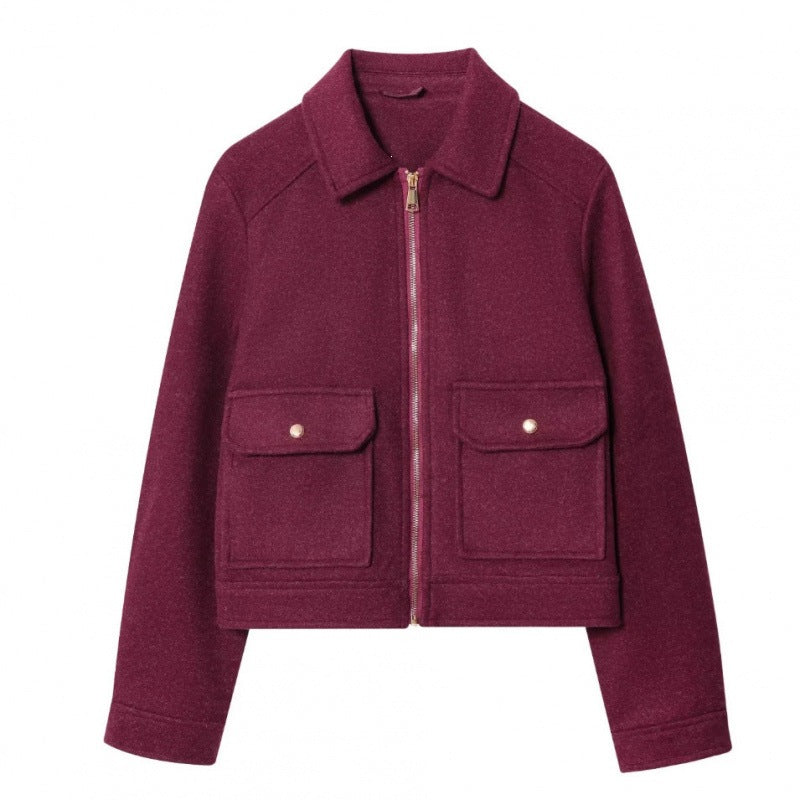 Dam kort jacka in velour look med flap utanpåfickor och hellång dragkedja