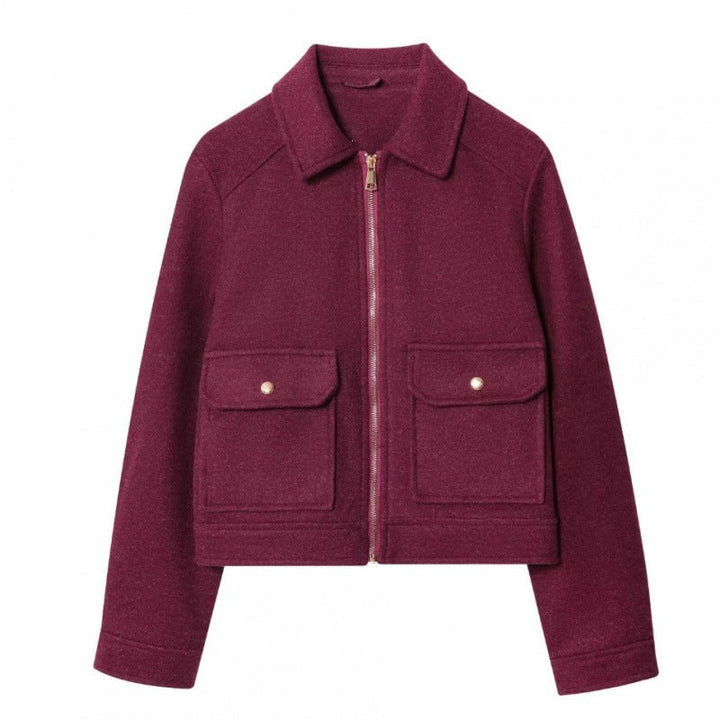 Dam kort jacka in velour look med flap utanpåfickor och hellång dragkedja