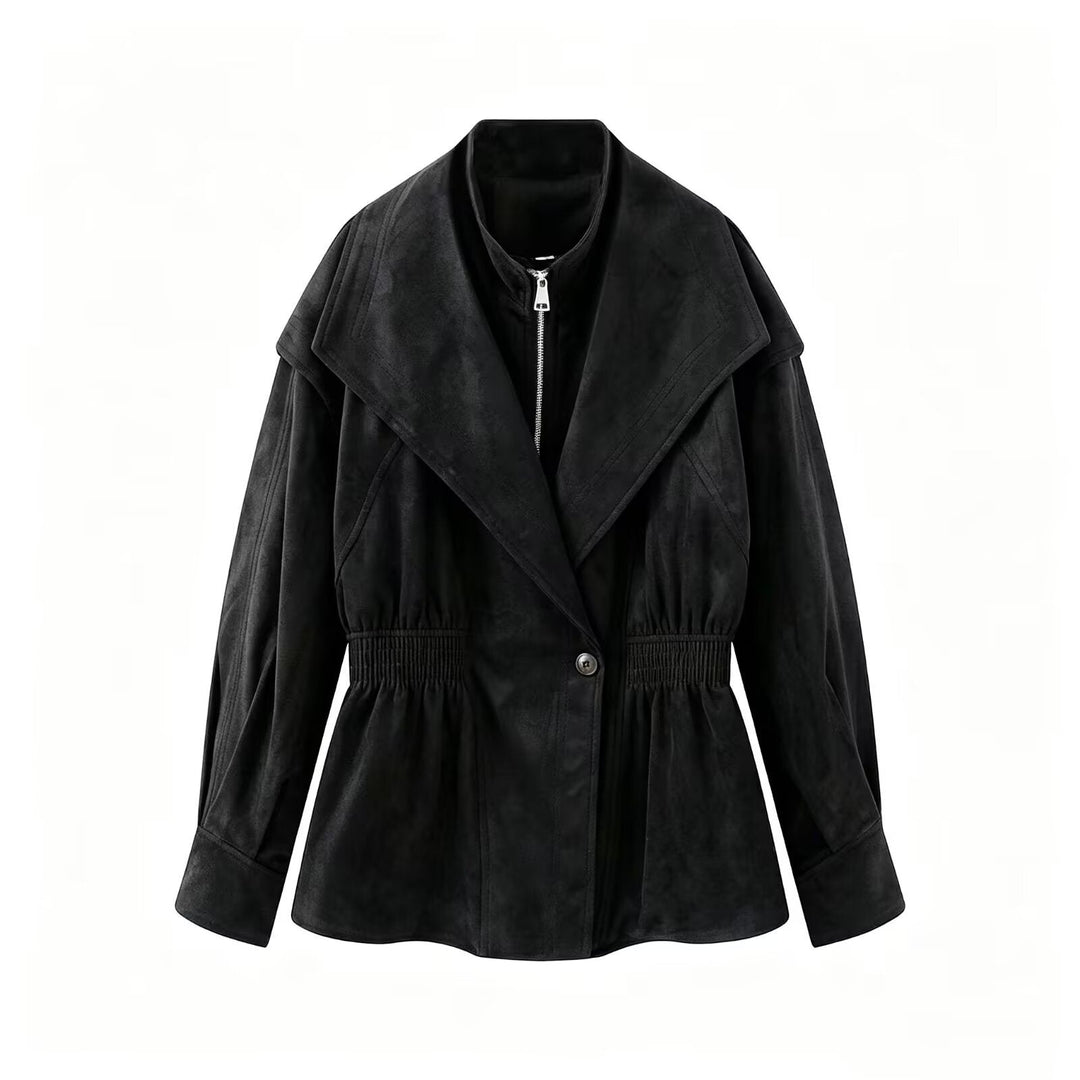 Dam Tailored Jacka i Suede Look med Stora Shawl Krage, Dragkedja och Gathered Waist