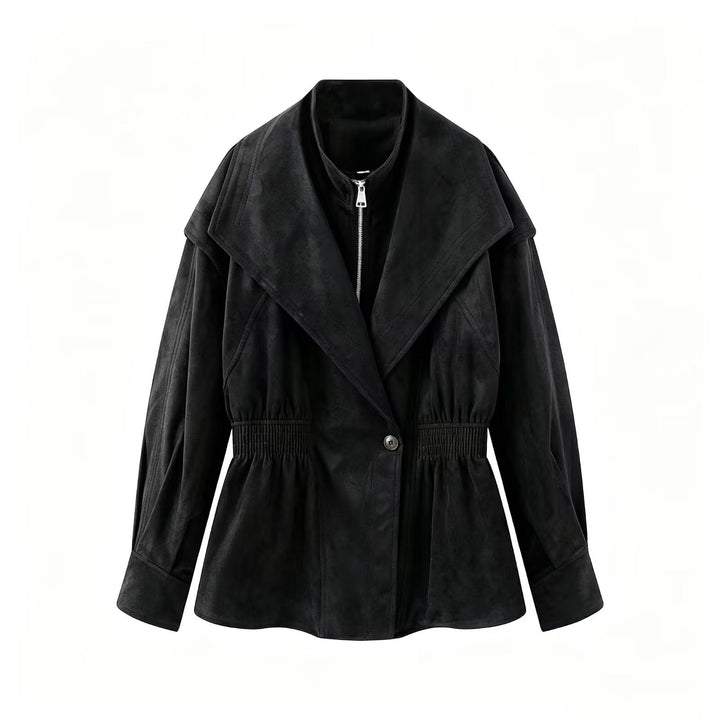 Dam Tailored Jacka i Suede Look med Stora Shawl Krage, Dragkedja och Gathered Waist