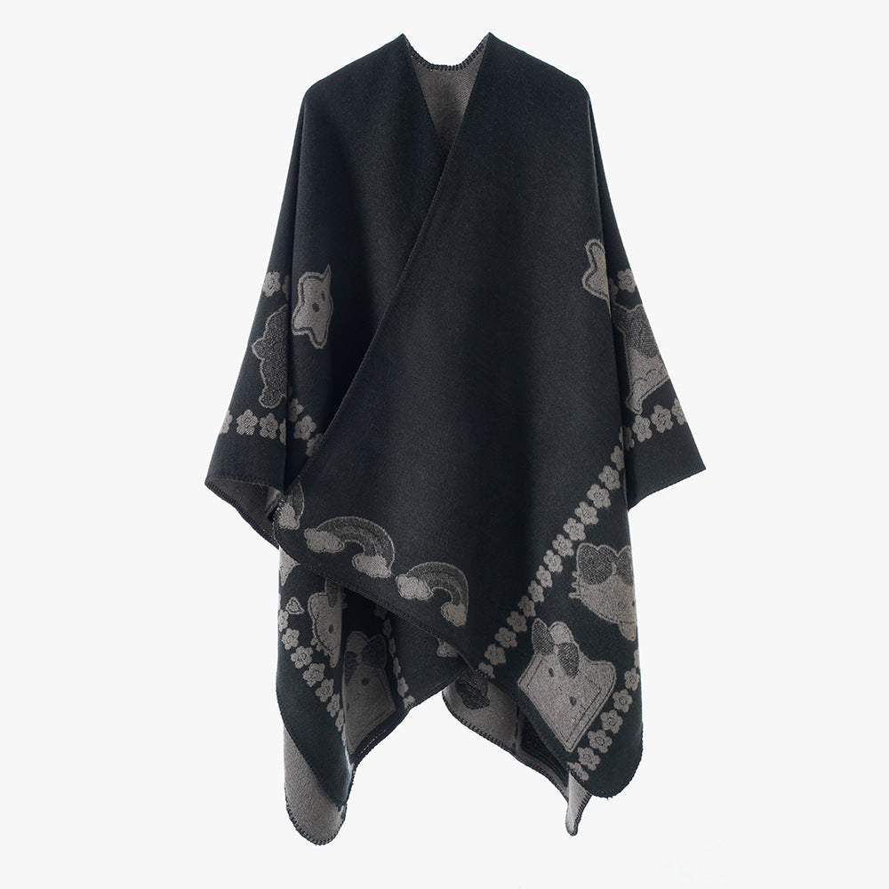Dam Oversize poncho med Jacquard Animal mönster och Asymmetrical Pointed fåll