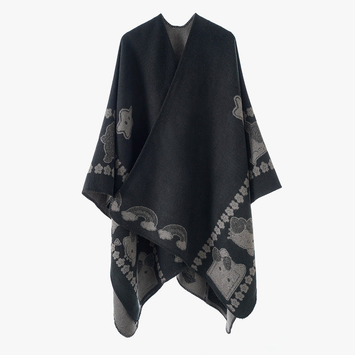 Dam Oversize poncho med Jacquard Animal mönster och Asymmetrical Pointed fåll