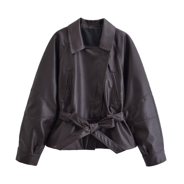 Dam Kort Läderlook Blouson med Wrap Belt, Oversize Ärmar och Distinctive Dekorativ Seams