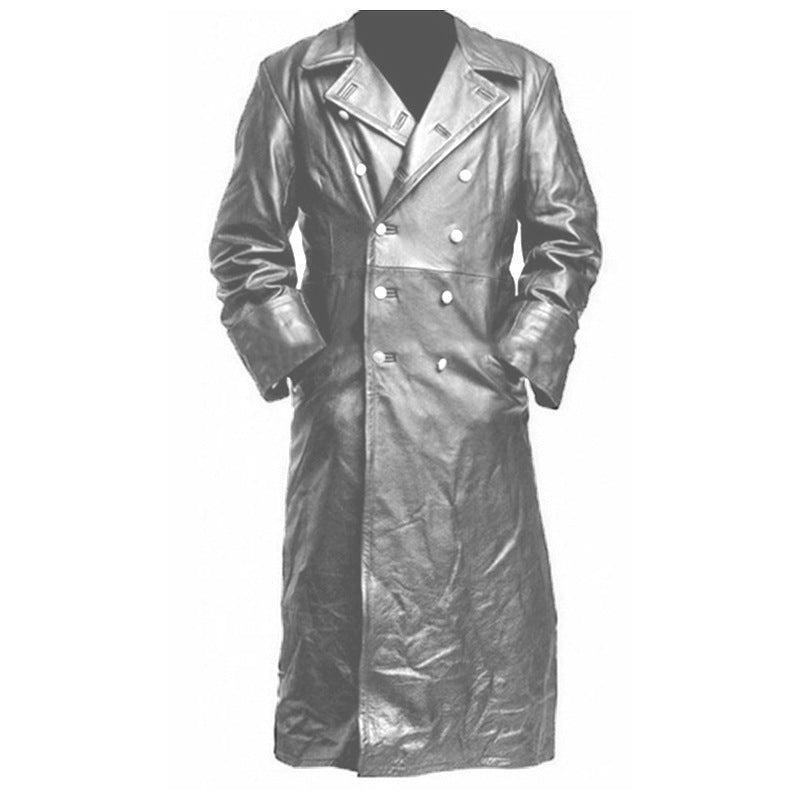 Herr Long Shiny Konstläder Trenchcoat med Dubbel Breasted och Särpräglad Lapel