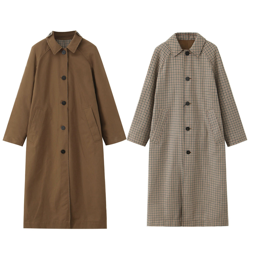 Dam Longer Minimalistisk Trenchcoat med Rutig Foder