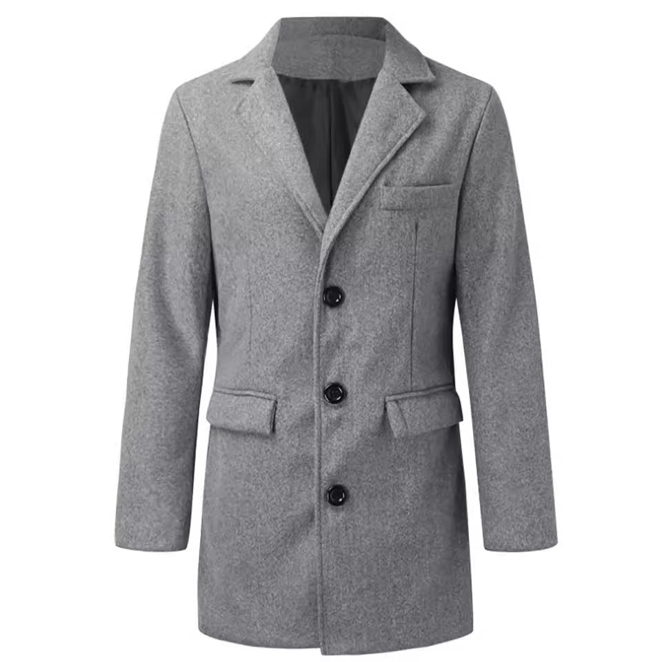 Herr modern lång kappa tillverkad av ullblandning med Smal Lapels, fickor med lock och slim passform