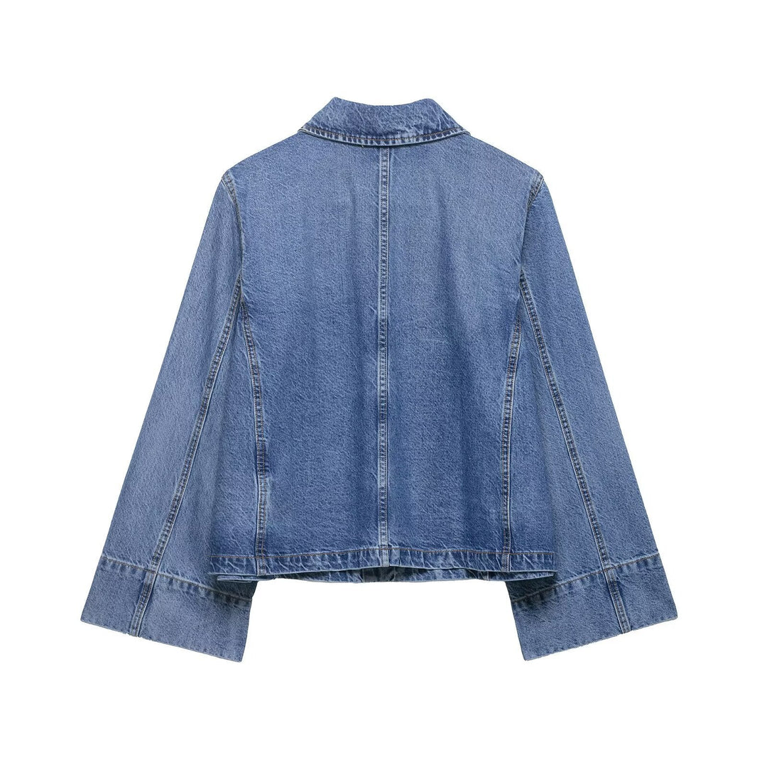 Dam Oversize Denimjacka i Boxig Skärning med Kort Silhuett och Patch Fickor