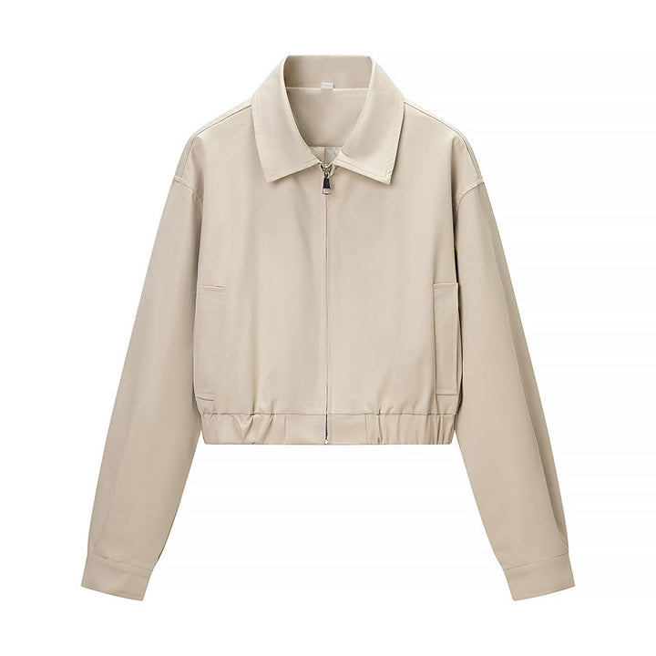 Dam kort skuren minimalistisk blouson jacka gjord mjuk vegan läder med a slagkrage och elastic fåll
