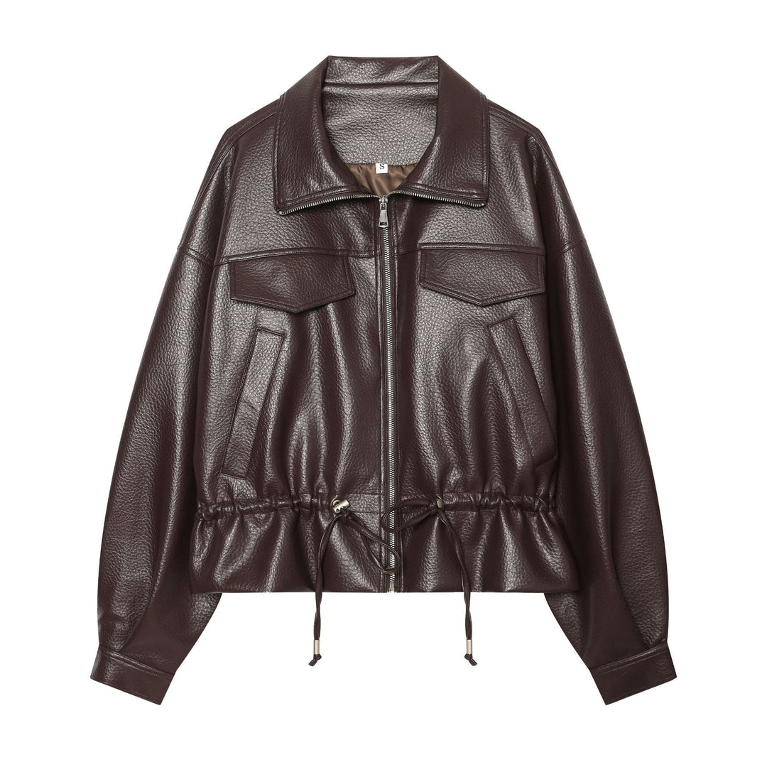 Dam Kort Läder-Look Blouson med Drawstring Waist