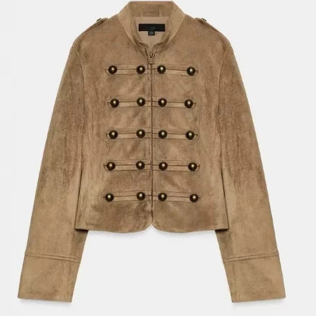 Dam Kort Suede Jacka i Military Look med Dekorativ Parade Knapp Knäppning
