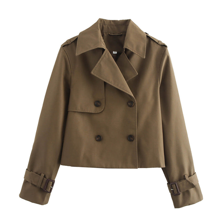 Dam kort skärning double-breasted trenchcoat med axel straps och adjustable cuffs