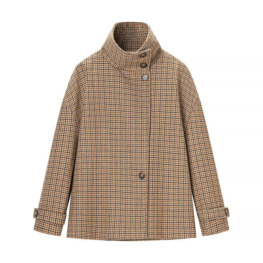 Dam trendig houndstooth övergångsjacka med high ståkrage och adjustable cuffs