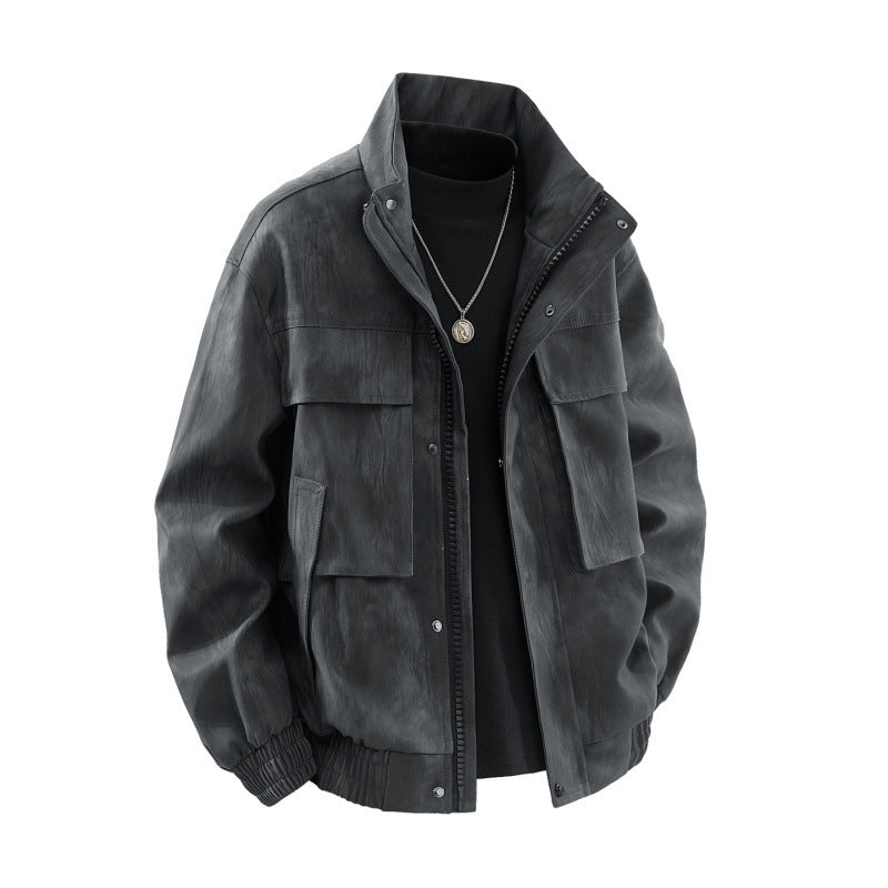 Herr Funktion Harrington Jacka i Läder Look med Flera Fickor och Elastisk Fåll