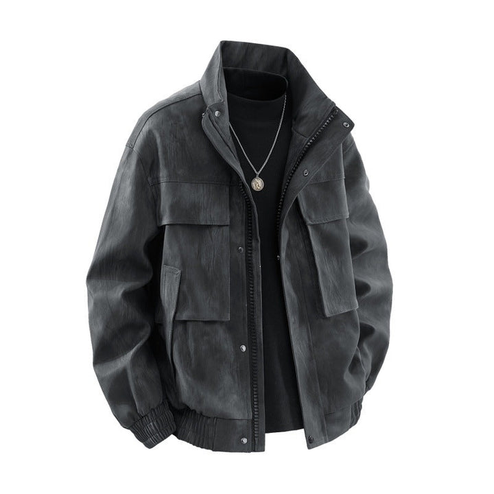 Herr Funktion Harrington Jacka i Läder Look med Flera Fickor och Elastisk Fåll