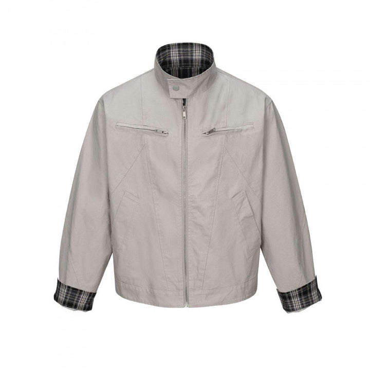 Herr cropped canvas blouson jacka med ståkrage, fickor med dragkedja, och rutig foder