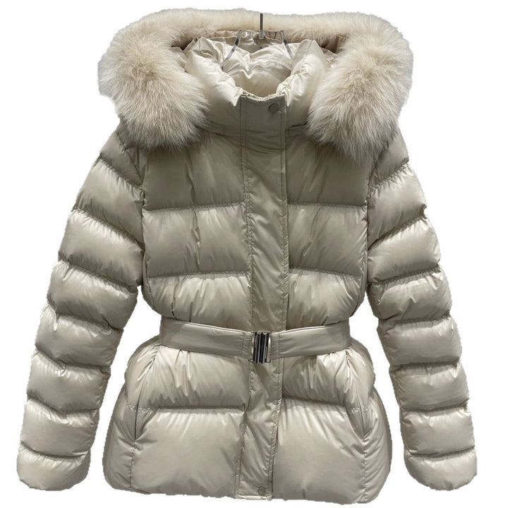 Dam skräddad kviltad pufferjacka med bälte, hög krage och Removable Fur Trim