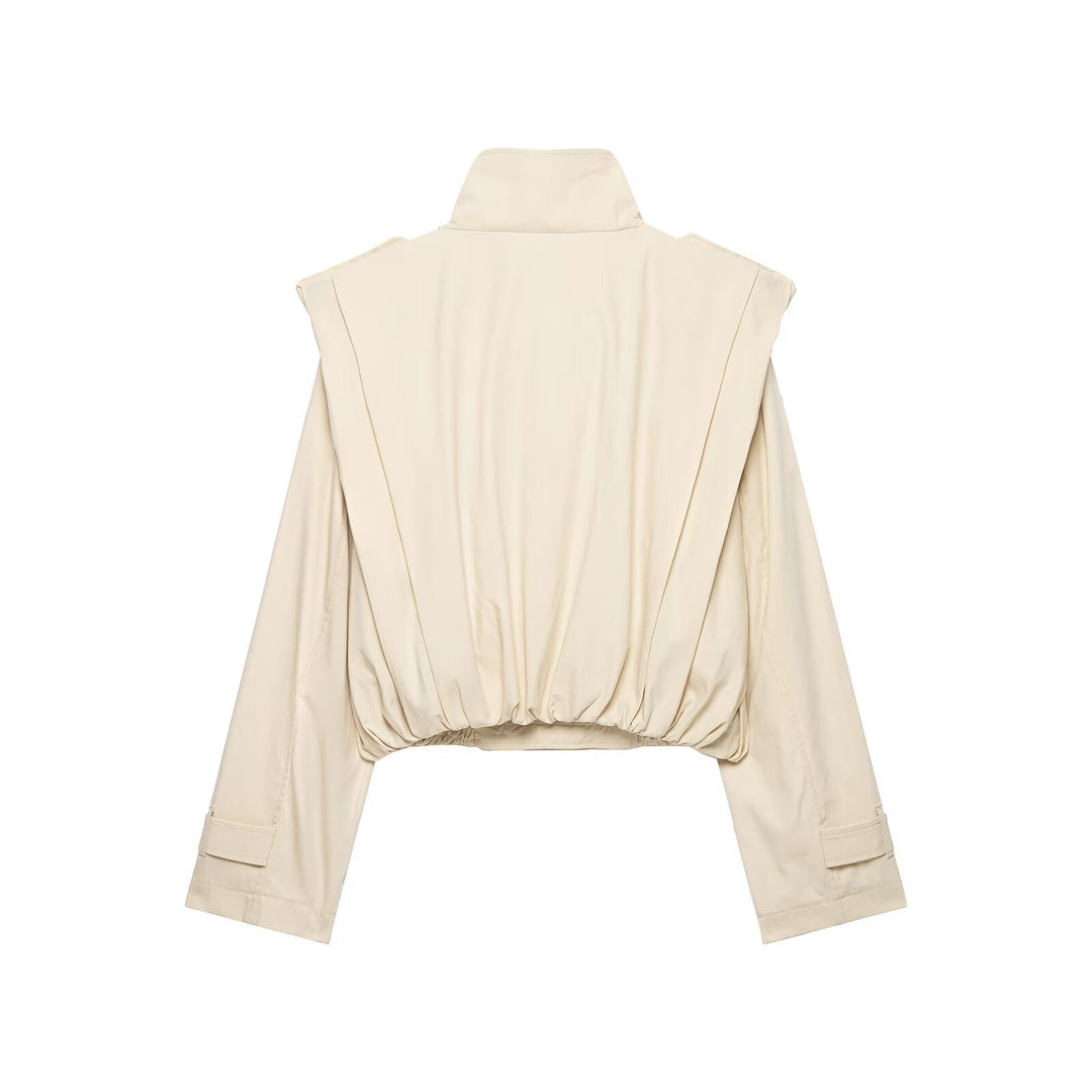 Dam Kort Double-Breasted Trench Jacka med Stå Krage, Epaulettes och Elastic Nederkant