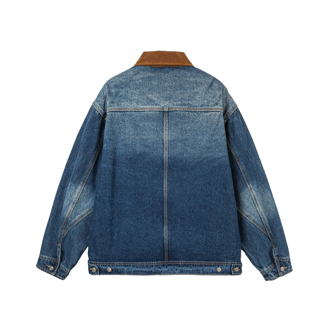 Dam Oversized Denim Jacka med Mocka Krage, Concealed Dragkedja och Distinctive Fickor