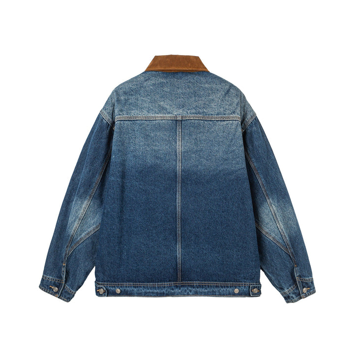 Dam Oversized Denim Jacka med Mocka Krage, Concealed Dragkedja och Distinctive Fickor
