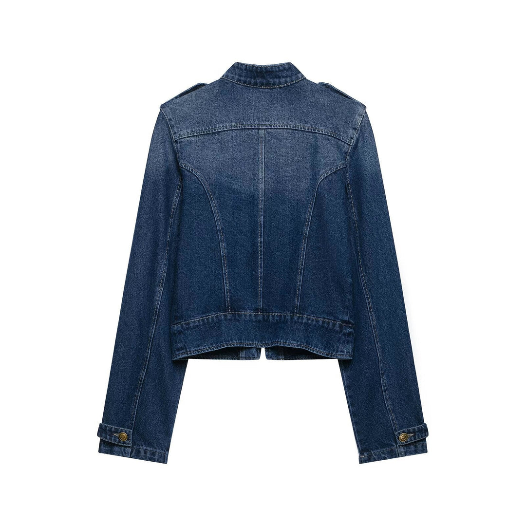 Dam Kort Skärning Denimjacka i Military Stil med Stå Krage