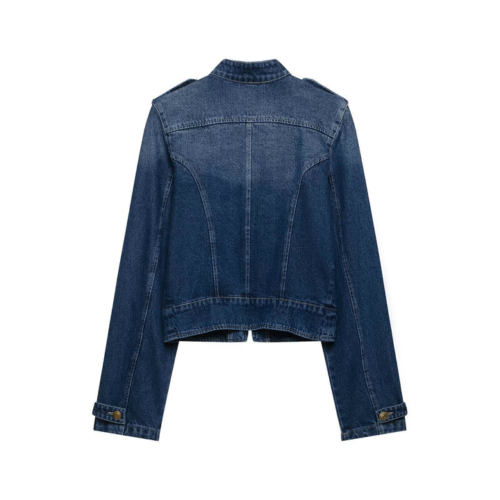 Dam Kort Skärning Denimjacka i Military Stil med Stå Krage