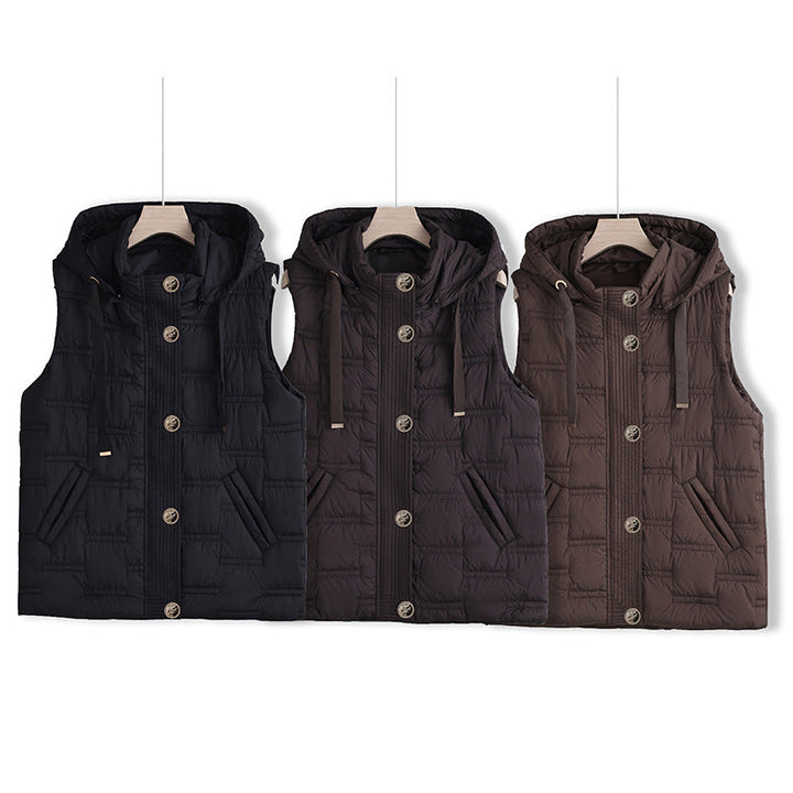 Dam sleeveless quiltad huvtröja väst med hidden knäppning och angled fickor