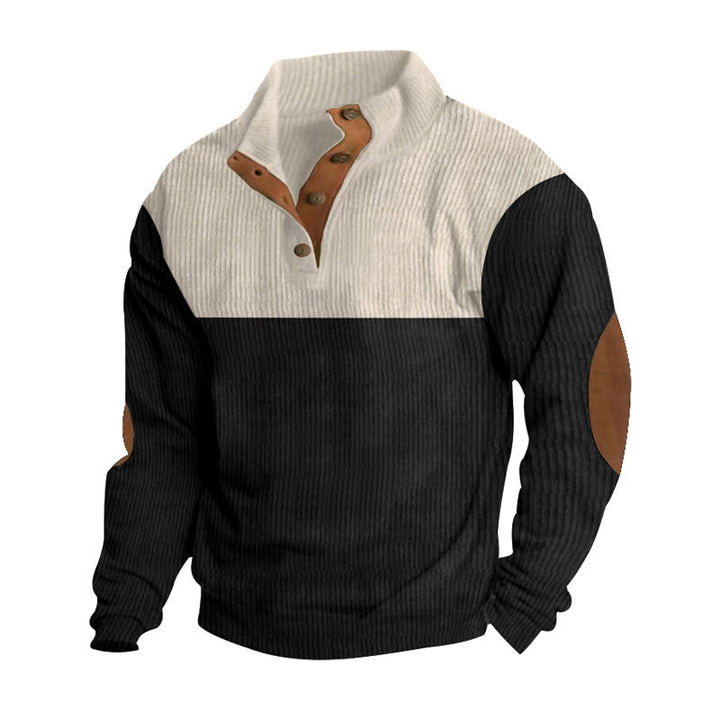 Herr Ribbad Henley Stickad Pullover med Ståkrage Contrast Yoke och Elbow Lappar