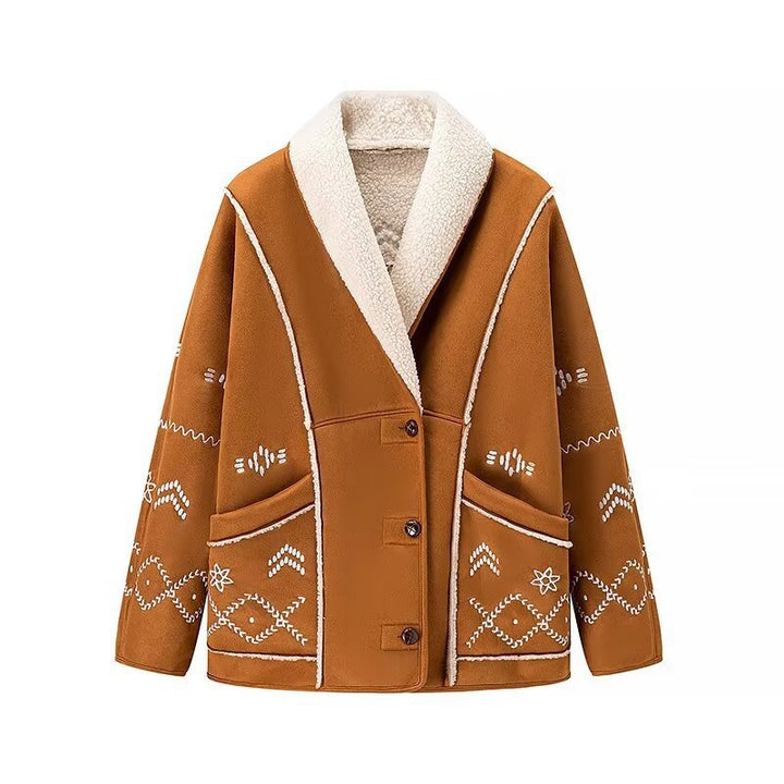 Dam knitted jacka in lambskin look med shawl krage