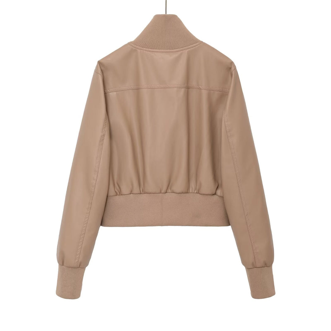Dam Kort Jacka i Läderlook med Hög Structured Krage och Fitted Ribbed Waistband
