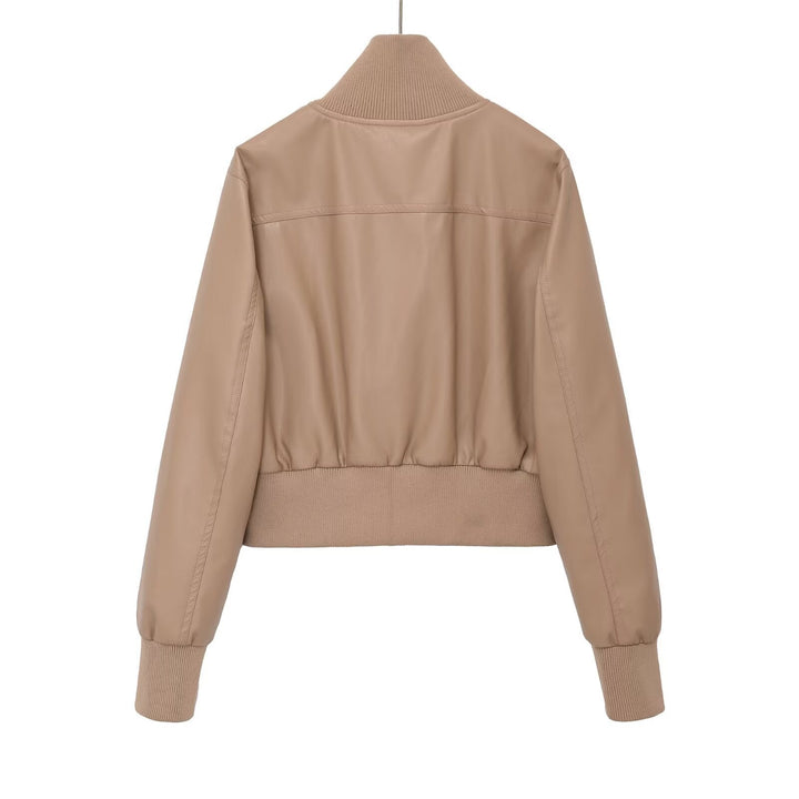 Dam Kort Jacka i Läderlook med Hög Structured Krage och Fitted Ribbed Waistband