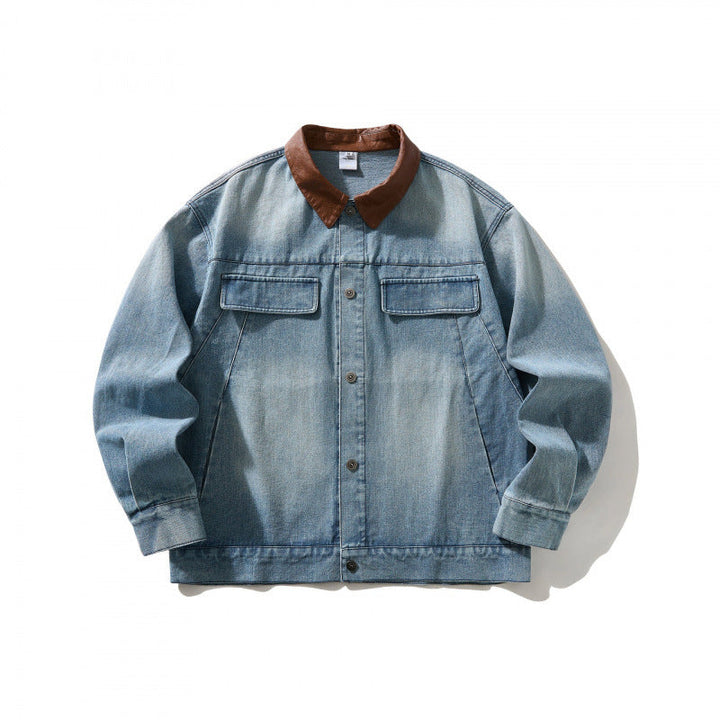 Herr denimjacka i arbeteer look med kontrast krage