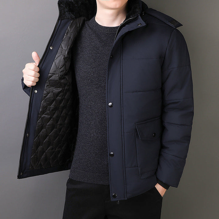 Herr Short Parka med Quiltad Termisk Foder, Huva Attachment, och Multifunctional Lock Fickor