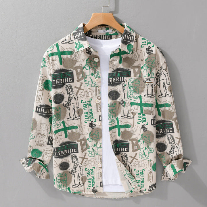 Herr Artistic Grafisk Overshirt i Avslappnad Layering med Allover Sketch Tryck och Soft-Touch Bomull Mix