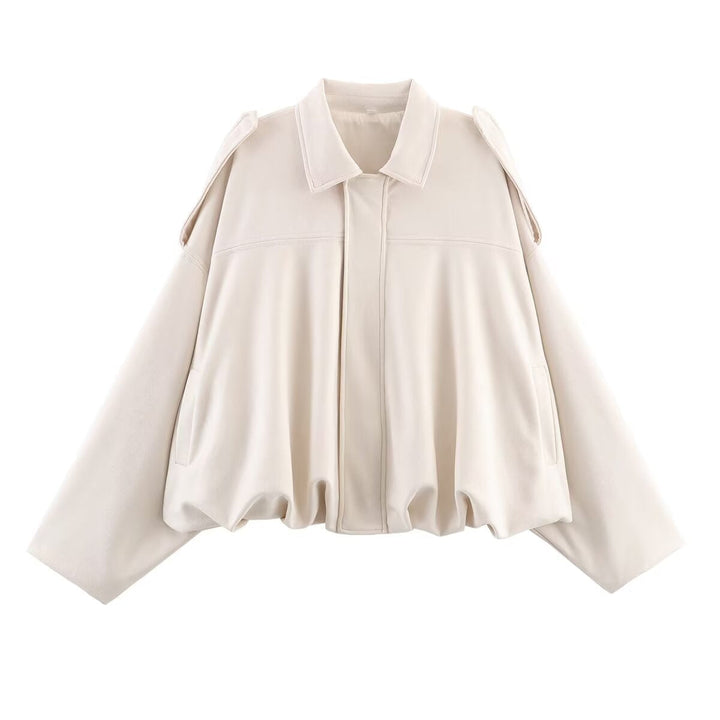 Dam oversize kort jacka in mocka look med skärning-Out Shoulders och fåll med dragsko