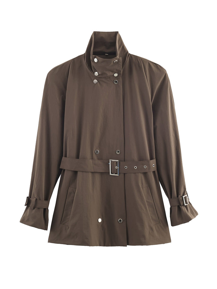 Dam Kort Tailored Trenchcoat med Stå Krage och Tie Belt