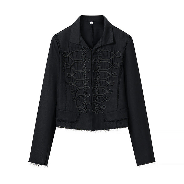 Dam Kort Military-Stil Jacka med Dekorativ Cords och Fringes