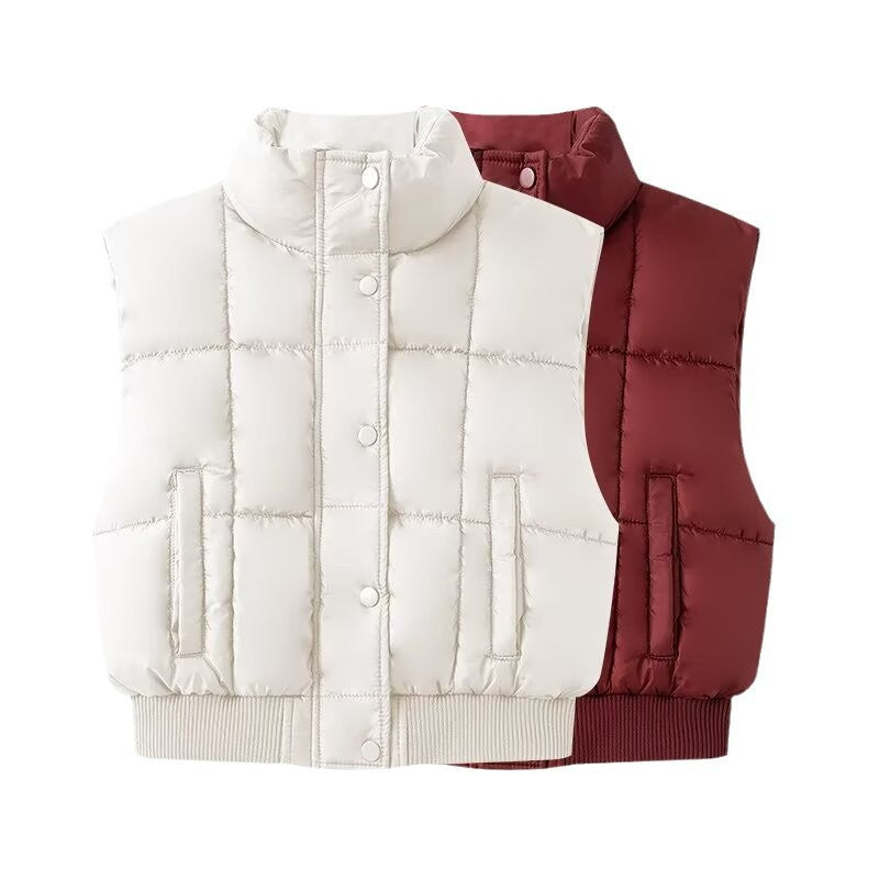 Dam Quiltad Kort Puffer Väst med Ståkrage och Ribbad Fåll
