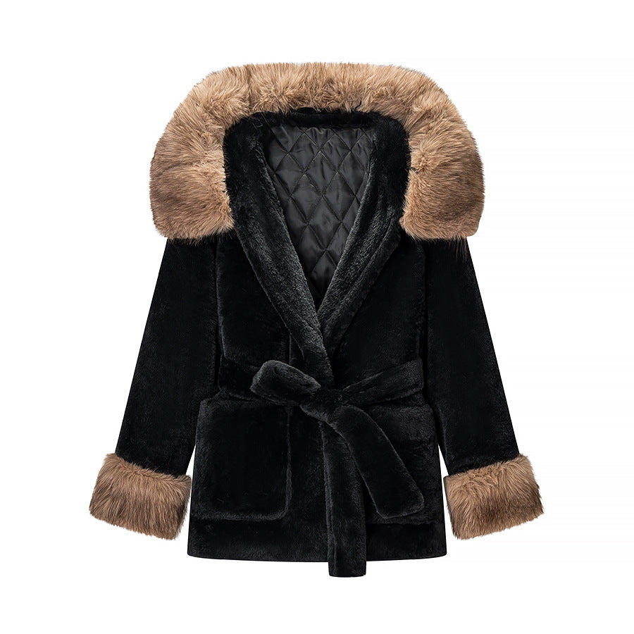 Dam kort teddy Faux Fur kappa med huva, kviltad foder och Ties