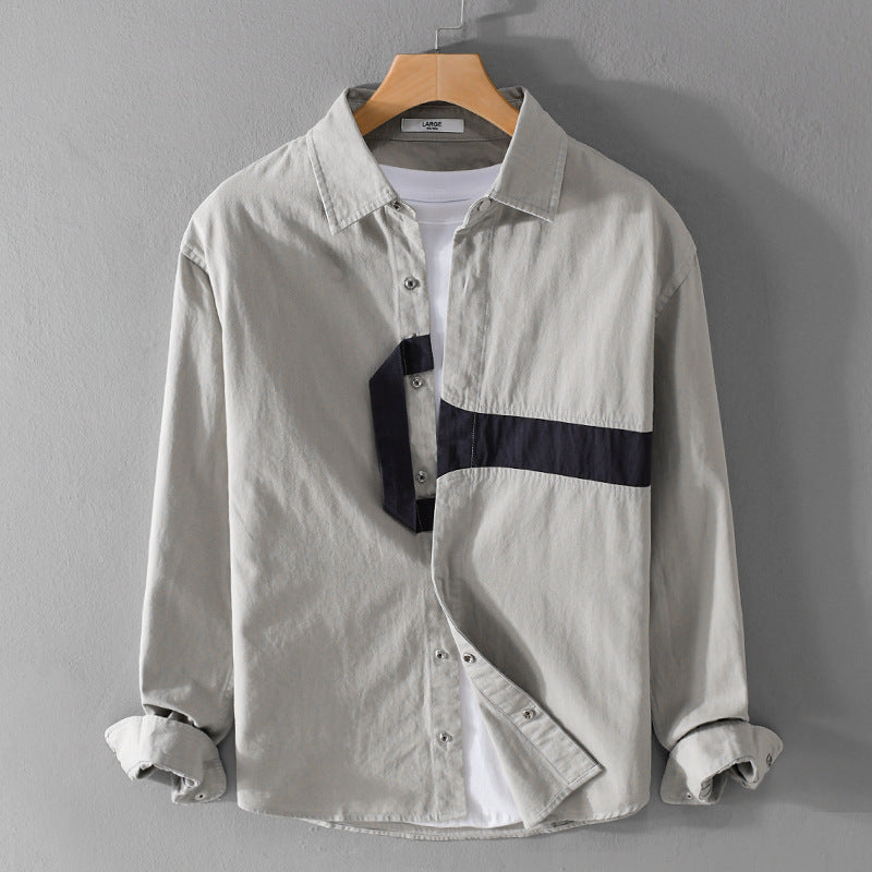 Herr Casual Overshirt Skjorta med Geometrisk Kontrast Rand och Tryckknapp Slå