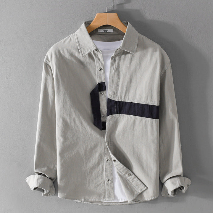 Herr Casual Overshirt Skjorta med Geometrisk Kontrast Rand och Tryckknapp Slå