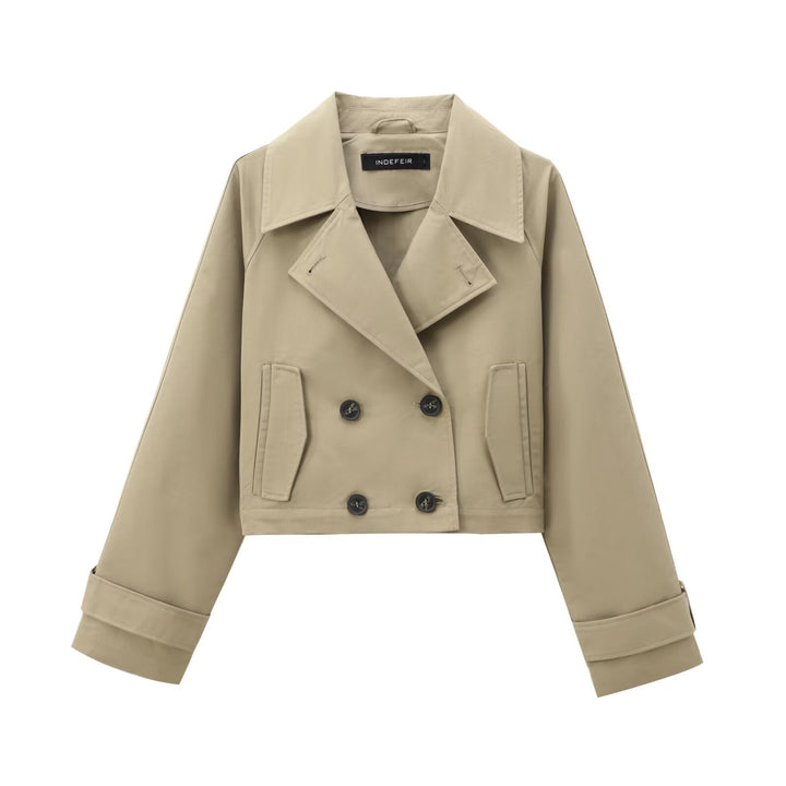 Dam cropped double-breasted trenchcoat med bred lapels och adjustable ärm straps