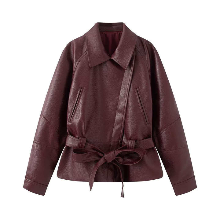 Dam Kort Jacka Gjord av Konstläder med Belted Midja och Skjortkrage