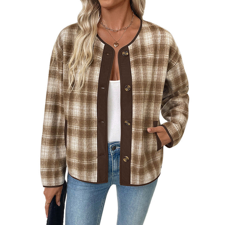 Dam Rutig Övergångsjacka med Round Neck, Contrast Kant och Knapplist