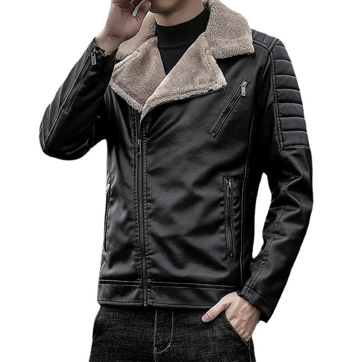 Herr Konstläder Biker Jacka med Teddy Fur Foder och Quiltad Ärm Detalj