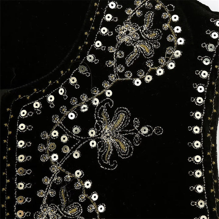 Dam Embroidered Velvet Kort Väst med Bead och Sequin Kant