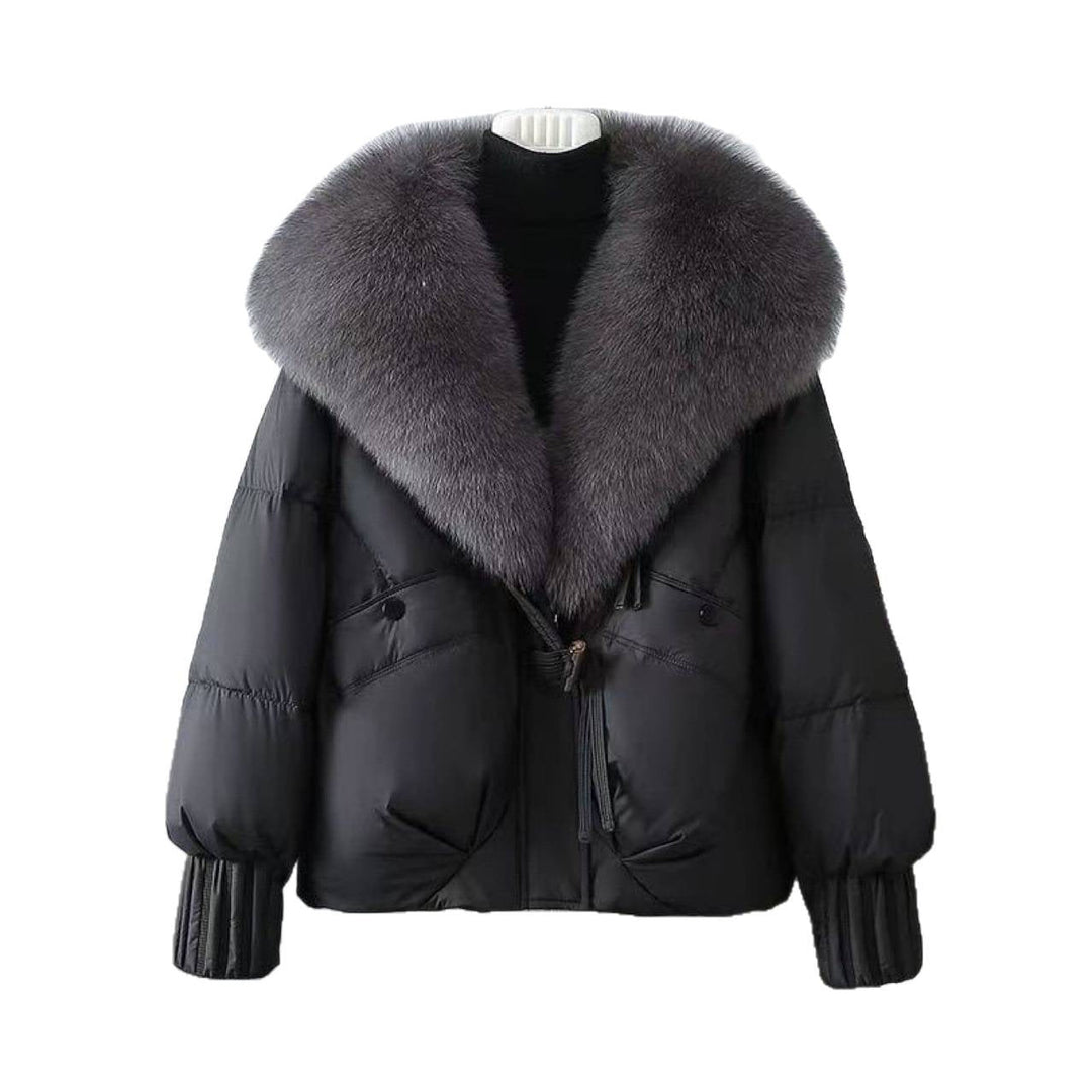 Dam nan kort vadderad jacka med voluminous faux fur krage och midja draw