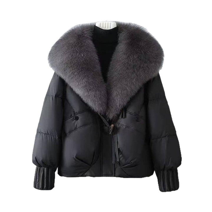 Dam nan kort vadderad jacka med voluminous faux fur krage och midja draw